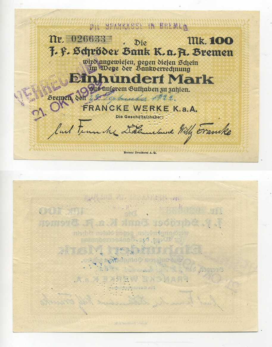 БРЕМЕН 100 МАРОК 1922 НОТГЕЛЬД, 21 ОКТЯБРЯ 1922, ВОЛЬНЫЙ ГОРОД бумага XF 7217-31-2