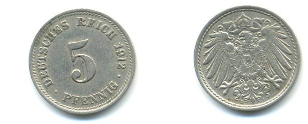 ГЕРМАНИЯ 5 ПФЕННИГОВ 1912 D, KM 11, J. 12 медно-никель 4379-555