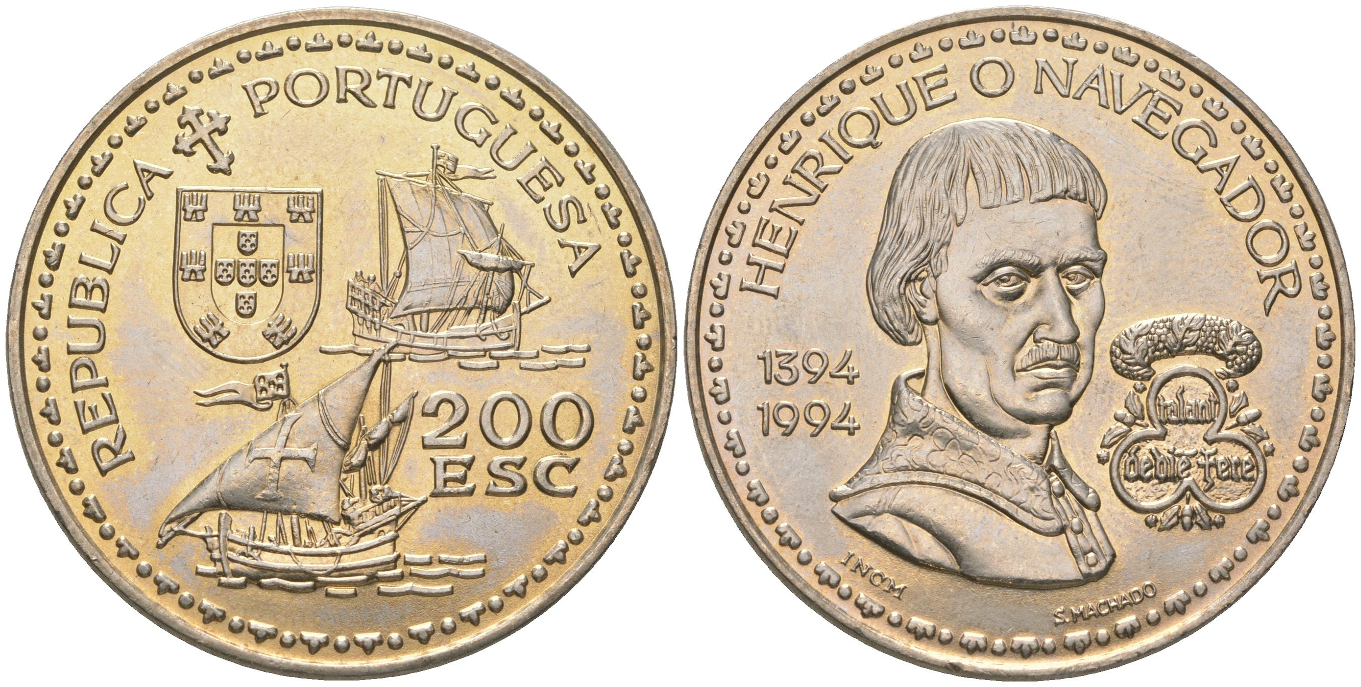 Португалия 200 эскудо 1994 600 лет со дня рождения Генриха Мореплавателя KM 670 медно-никель UNC 74-613