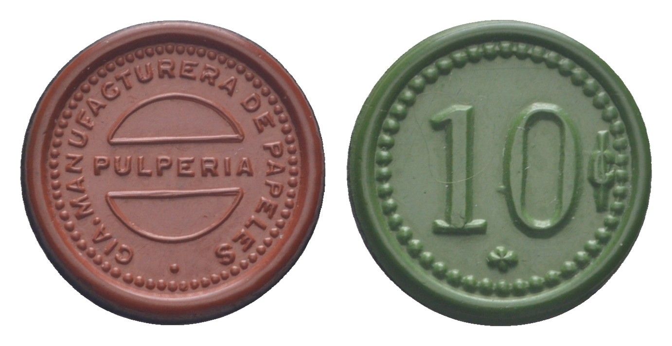 Чили шахтерский жетон с рудника Каличе (для добычи нитрата натрия) для покупки в местных магазинах (Pulperia), номиналом в 10 сентаво 1880-1920 диаметр 21 мм, вес 1,36 гр не описан в Espinosa эбонит (зеленый и красный) 1094-1-62