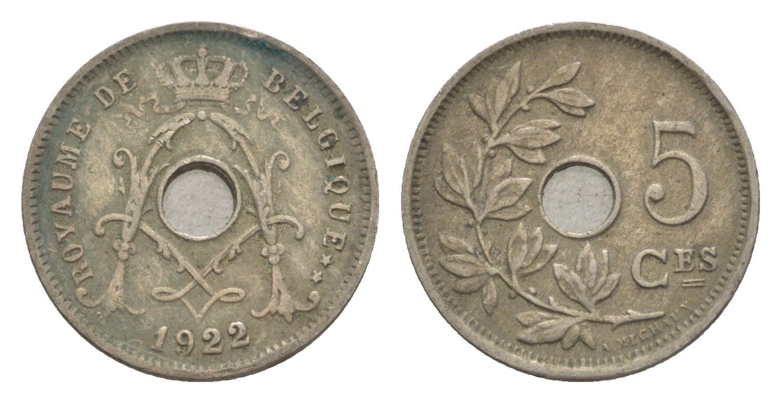 Бельгия 5 сантимов 1922 Belgique KM 66 медно-никель 4649-729