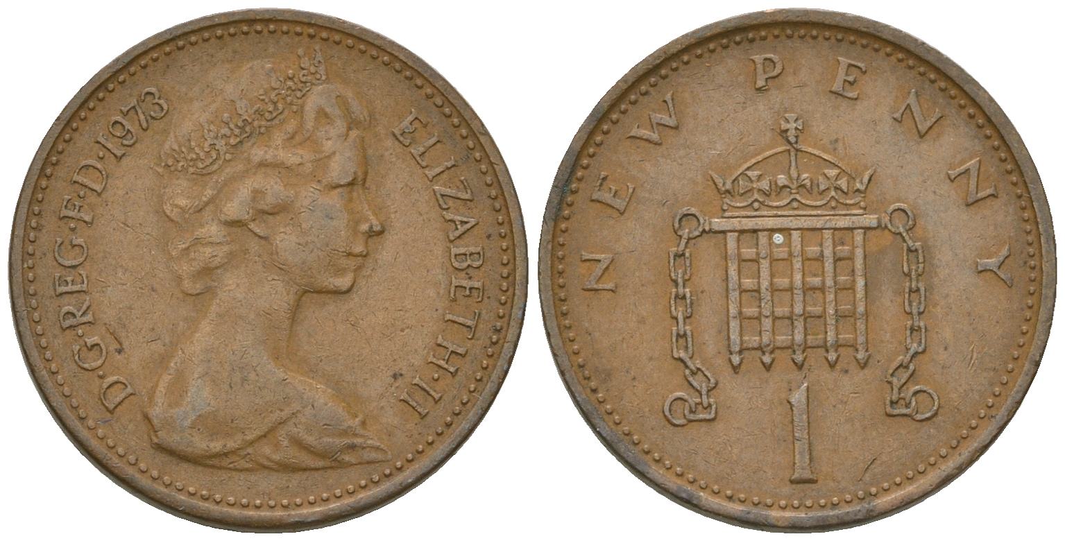 Великобритания 1 пенни 1973 Елизавета II (1952-2022) KM 915, Spink 4237 (B1) бронза 4651-123