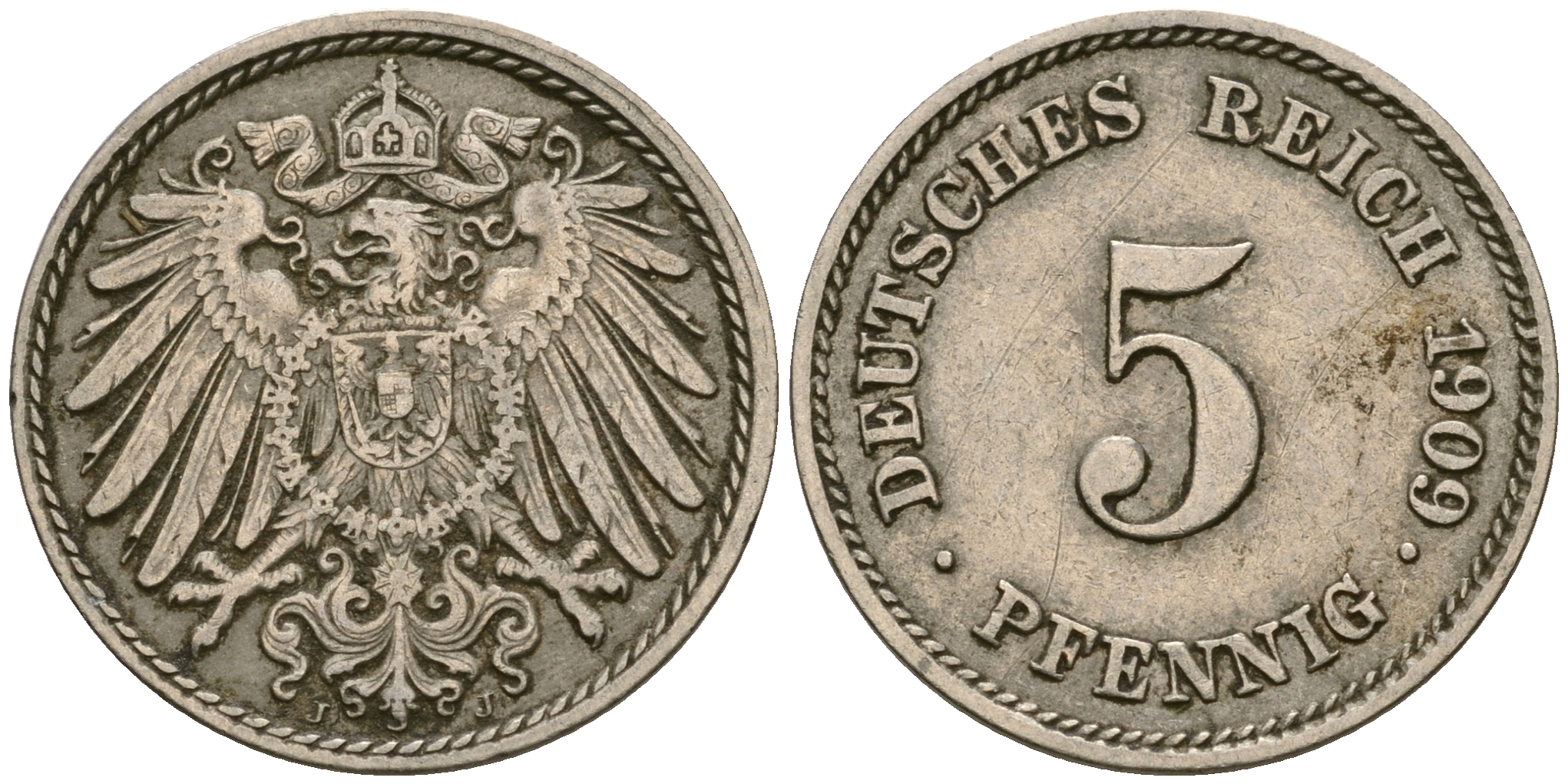 Германия 5 пфеннигов 1909 J, KM 11, J. 12 медно-никель 4608-861