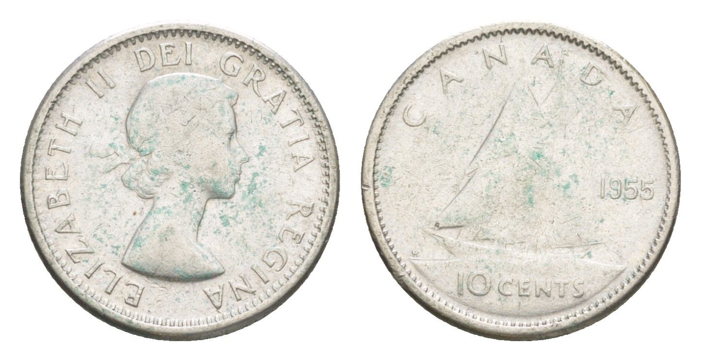 Канада 10 центов 1955 Елизавета II (1952-2022), парусник KM 51 серебро 4639-564
