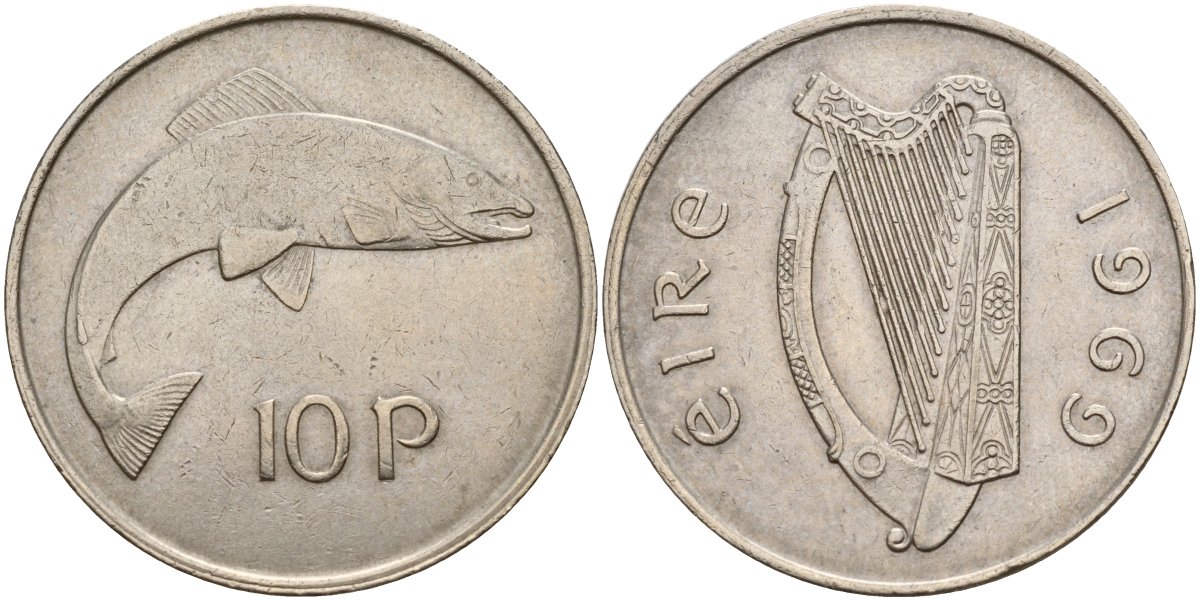Ирландия 10 пенсов 1969 лосось KM 23 медно-никель 4140-321