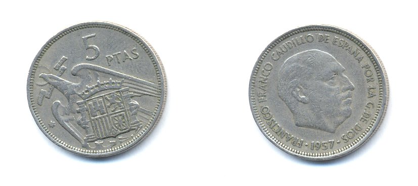 ИСПАНИЯ 5 ПЕСЕТ 1957 (72) ФРАНСИСКО ФРАНКО ДИКТАТОР ИСПАНИИ (1939-1975) KM 786 медно-никель 54-1236