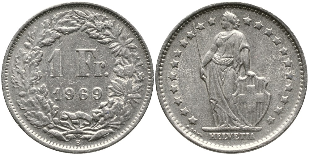 ШВЕЙЦАРИЯ 1 ФРАНК 1969 В KM 24а.1 медно-никель 4538-247