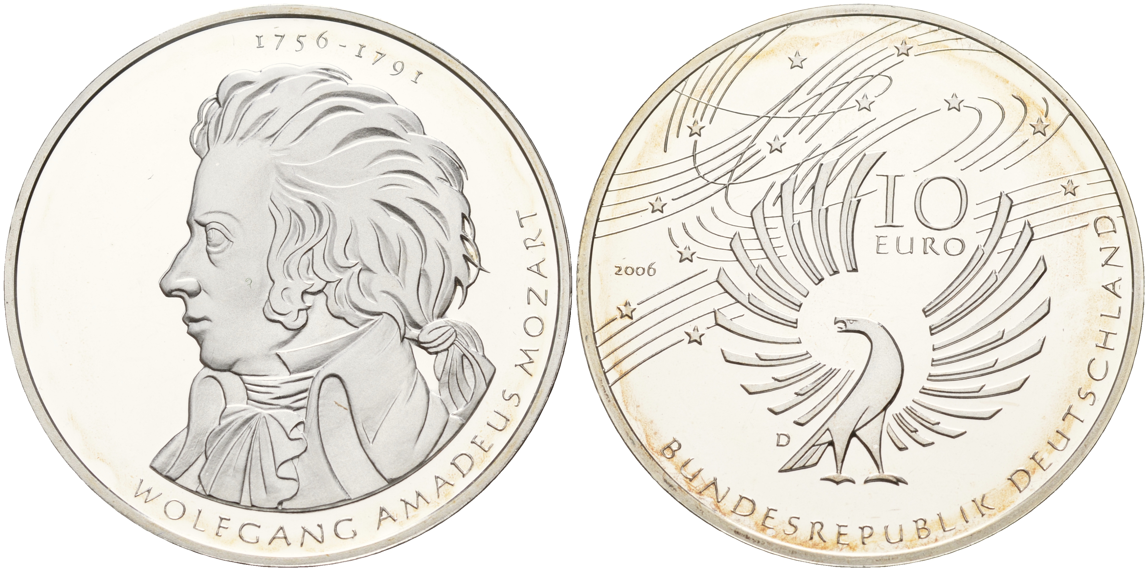 ФРГ 10 евро 2006 D, 250 лет со дня рождения Вольфганга Амадея Моцарта KM 248, DE.S. 10.29 серебро PROOF 11-183-21
