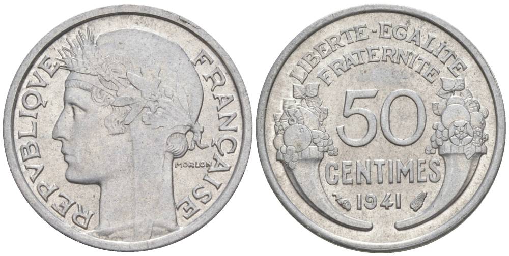 ФРАНЦИЯ 50 САНТИМОВ 1941 ТИП MORLON LOURDE KM 894.1a, LE FRANC 193.2 алюминий 44-321