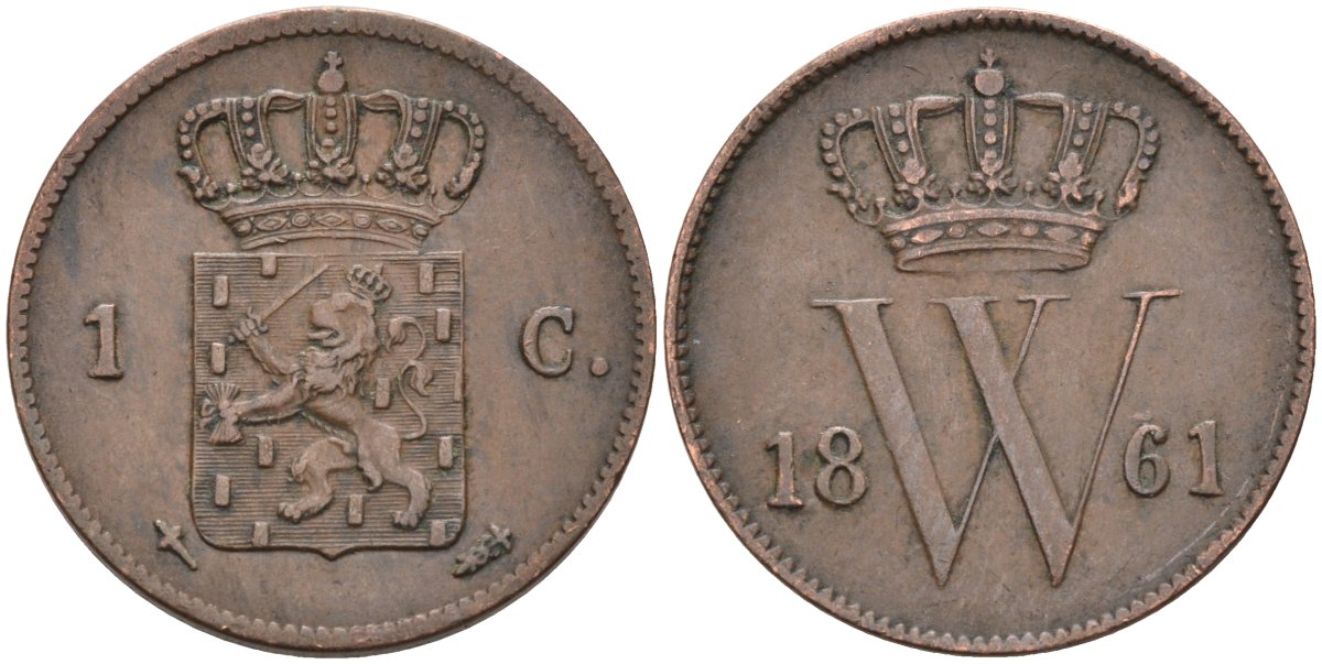 Нидерланды 1 цент 1861 Виллем III (1849-1890) KM 100 медь 1528-342