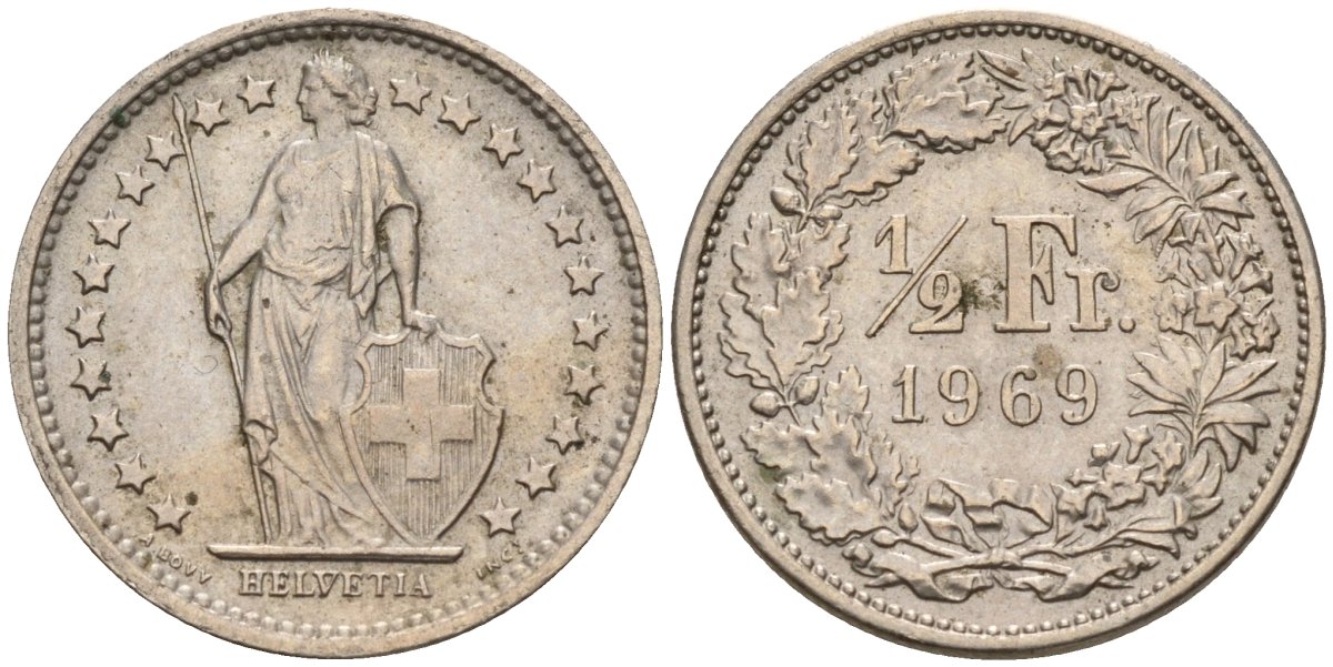 Швейцария 1/2 франка 1969 B KM 23a медно-никель 4596-817