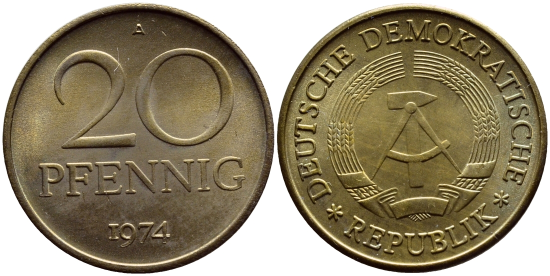 ГДР 20 пфеннигов 1974 А KM 11 латунь UNC 54-2125