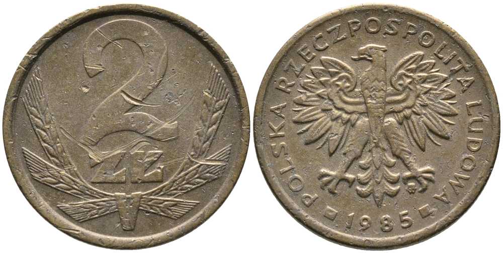 ПОЛЬША 2 ЗЛОТЫХ 1985 MW KM 80.1 латунь 110-856