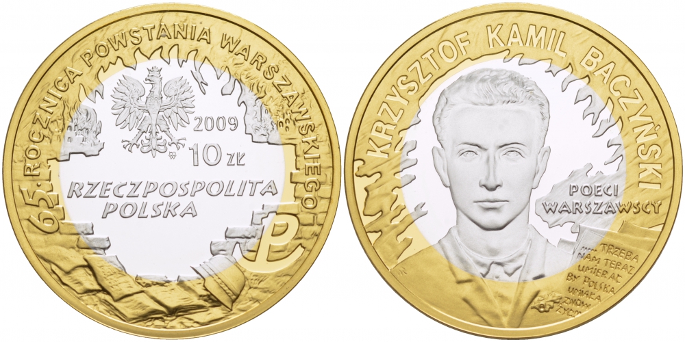 Польша 10 злотых 2009 MW, Кшиштоф Камиль Бачинский (1921-1944), позолота KM 689 серебро, биметалл PROOF 1087-4-64