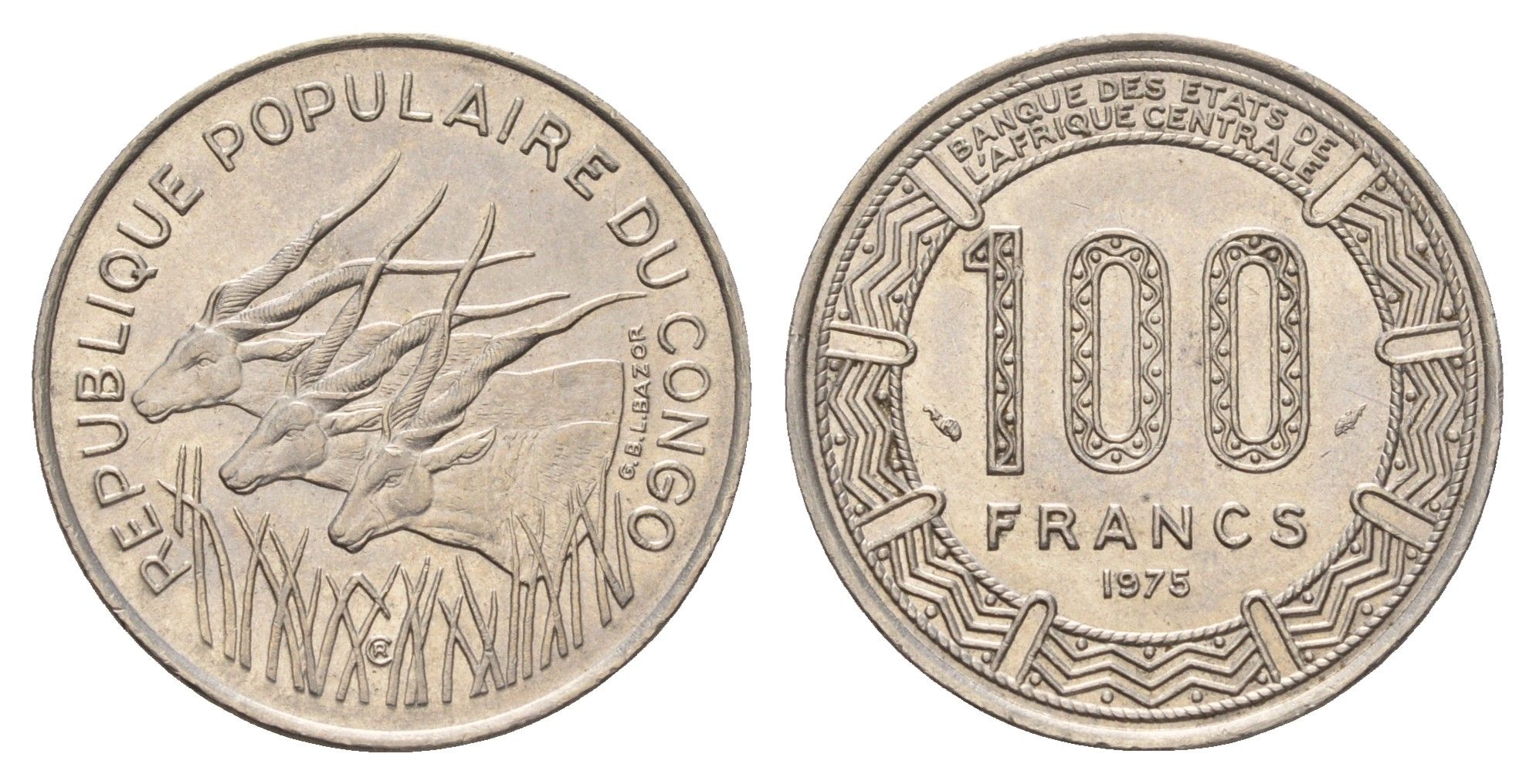 Конго 100 франков 1975 KM 2 никель aUNC 4671-125