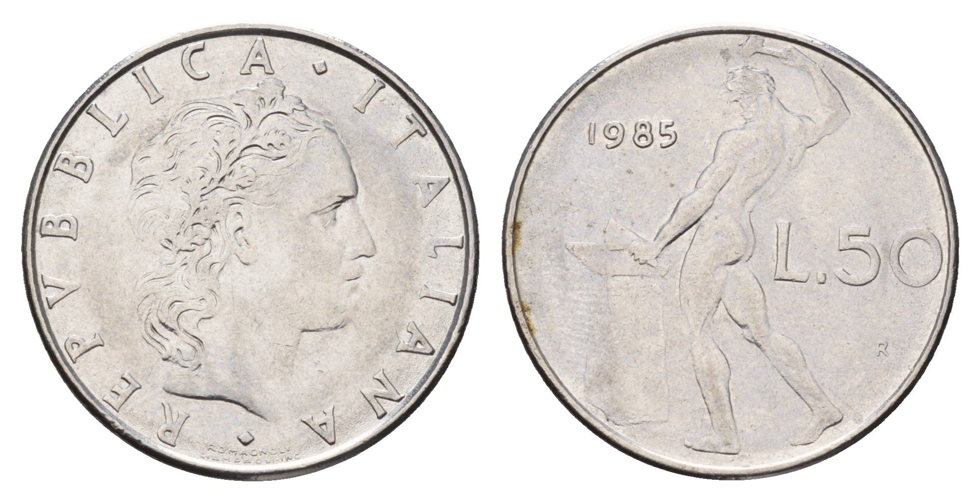 Италия 50 лир 1985 R, бог огня Вулкан у наковальни KM 95.1 нержавеющая сталь 186-1022