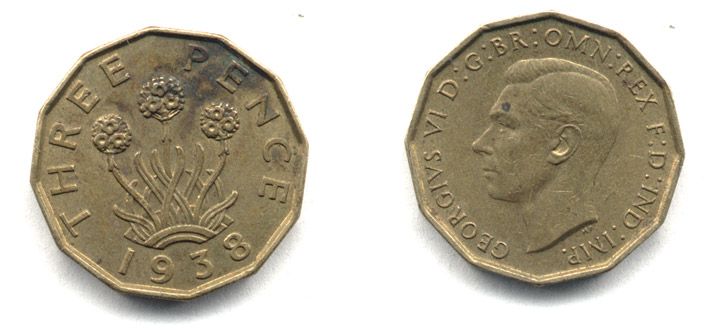 Великобритания 3 пенса 1938 Георг VI (1936-1952) KM 849, Spink 4112 никель латунь 25-1257