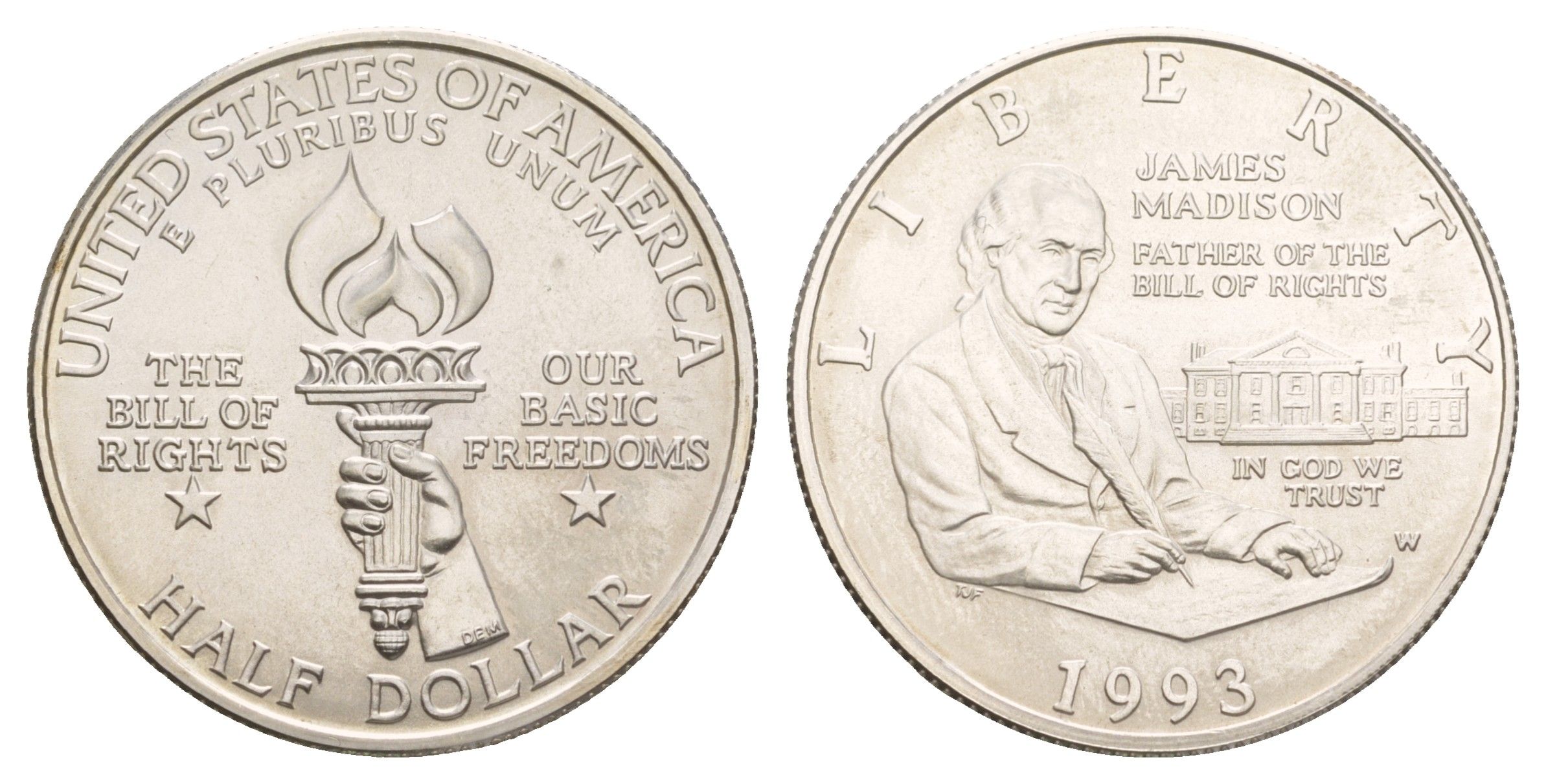 США 1/2 доллара (50 центов) 1993 W, Билль о правах, Джеймс Мэдисон KM 240 серебро BU 413-6543