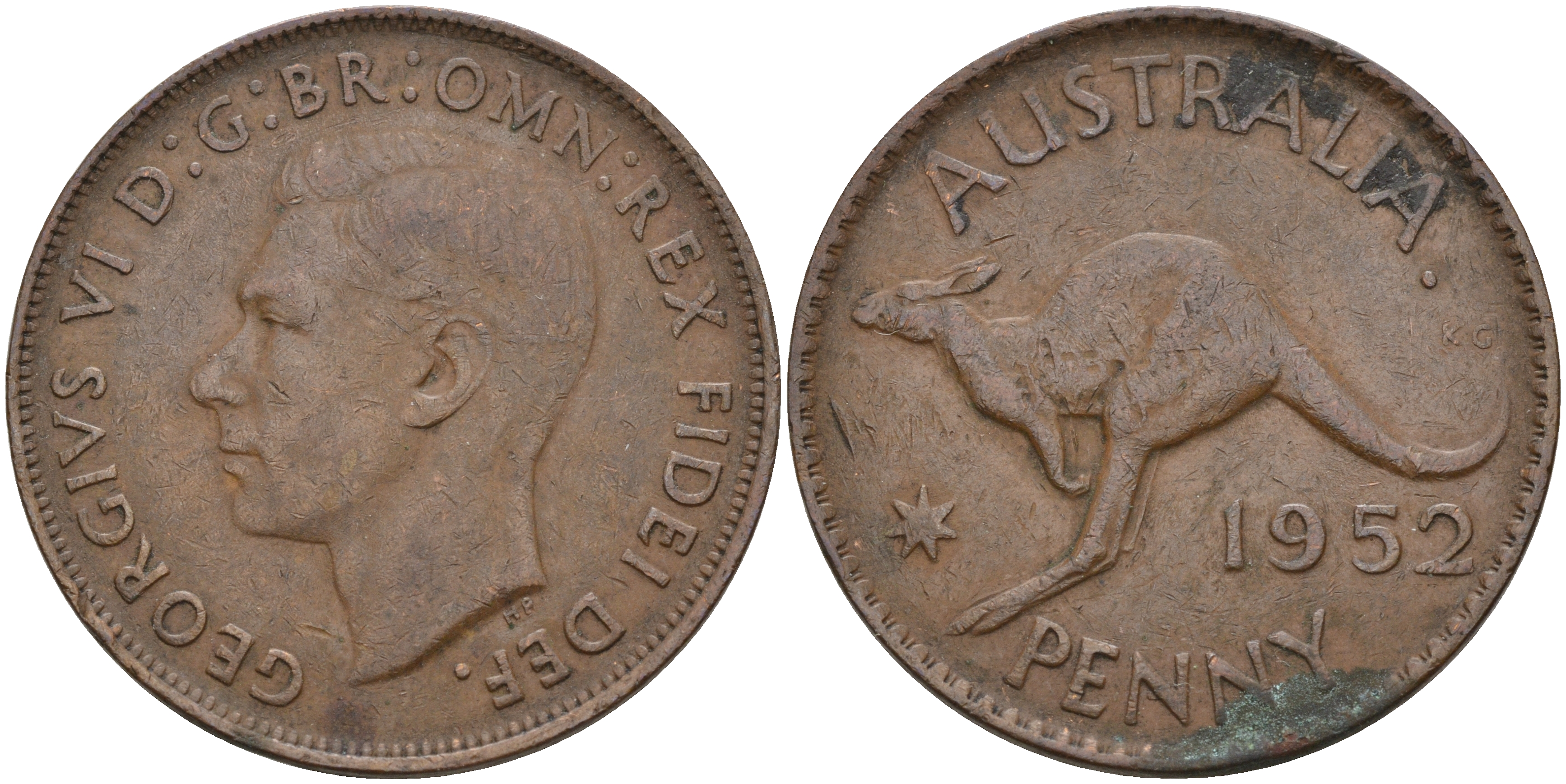 Австралия 1 пенни 1952 m, Георг VI (1937-1952), кенгуру KM 43 бронза 4157-725