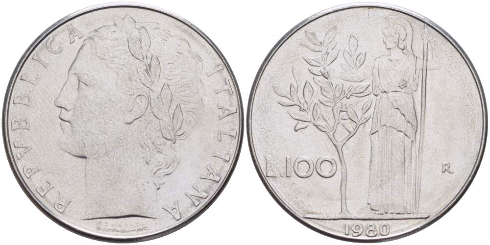 ИТАЛИЯ 100 ЛИР 1980 R, АФИНА, ДИАМЕТР 28 ММ. KM 96.1 нержавеющая сталь 4531-111