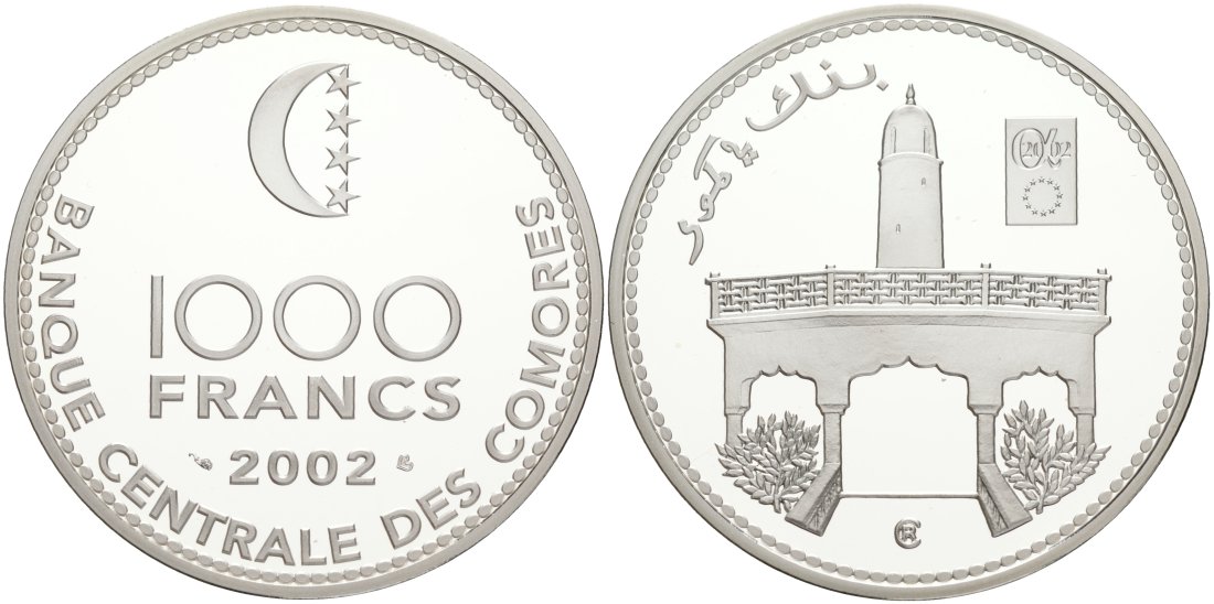 Коморские острова 1000 франков 2002 тираж 500 экземпляров KM 20 серебро PROOF 00-801-21