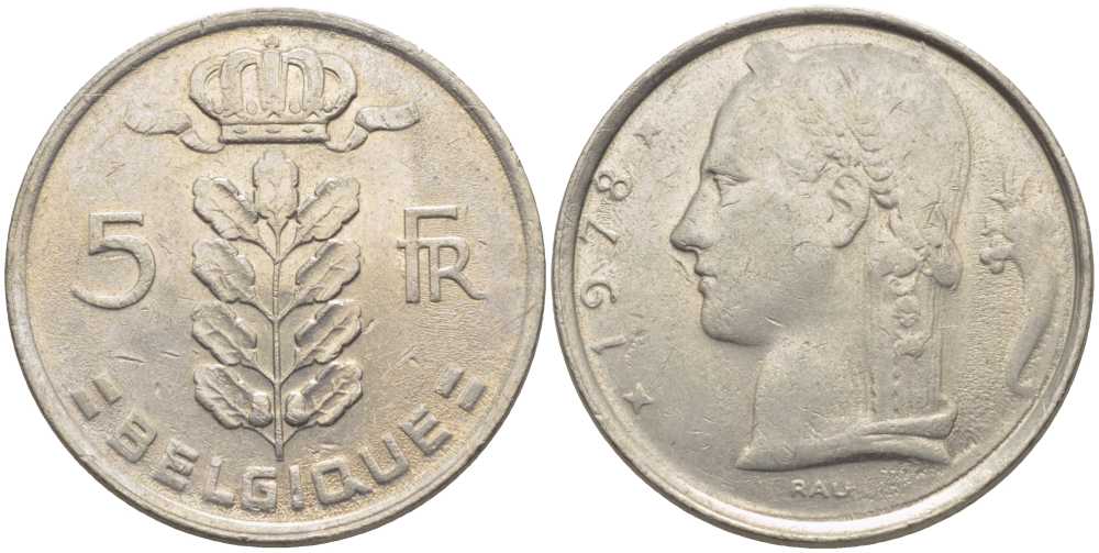 БЕЛЬГИЯ 5 ФРАНКОВ 1978 BELGIQUE, БОДУЭН I (1951-1993) KM 134.1 медно-никель 119-744
