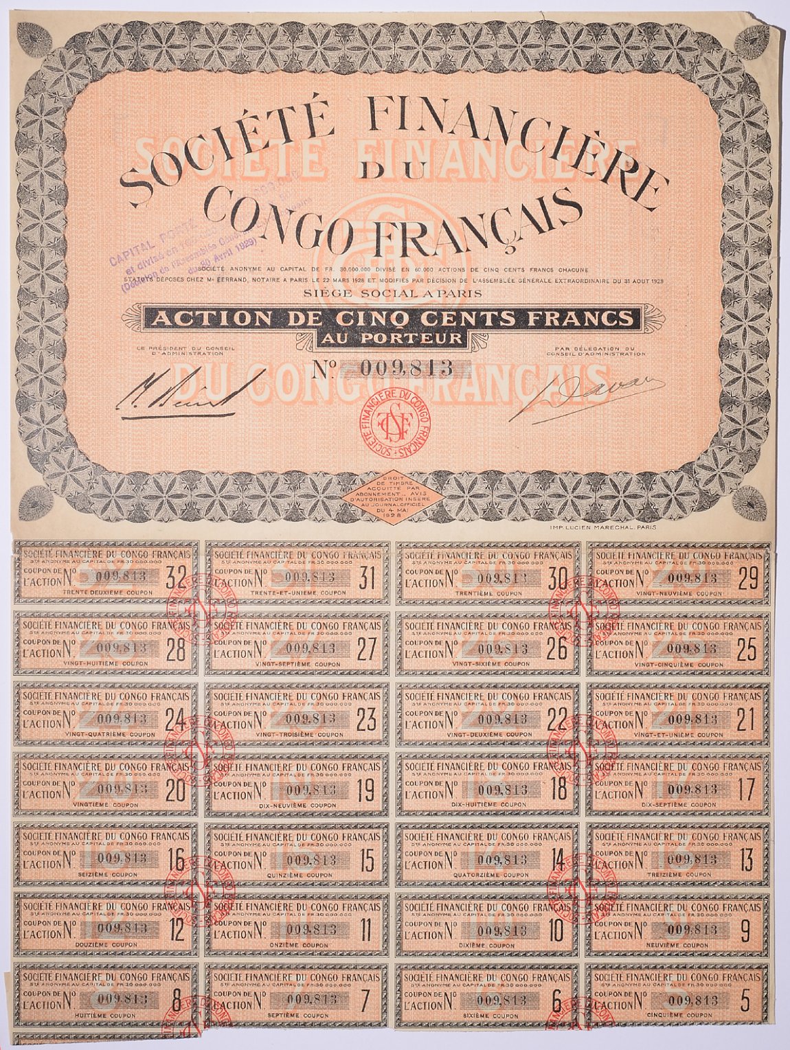 Франция акция в 500 франков 1928 общества Французского Конго, с купонами   бумага   5547-13-2-1