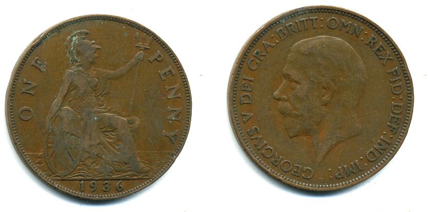 Великобритания 1 пенни 1936 Георг V (1910-1936) KM 838, Spink 4055 бронза 41-1242