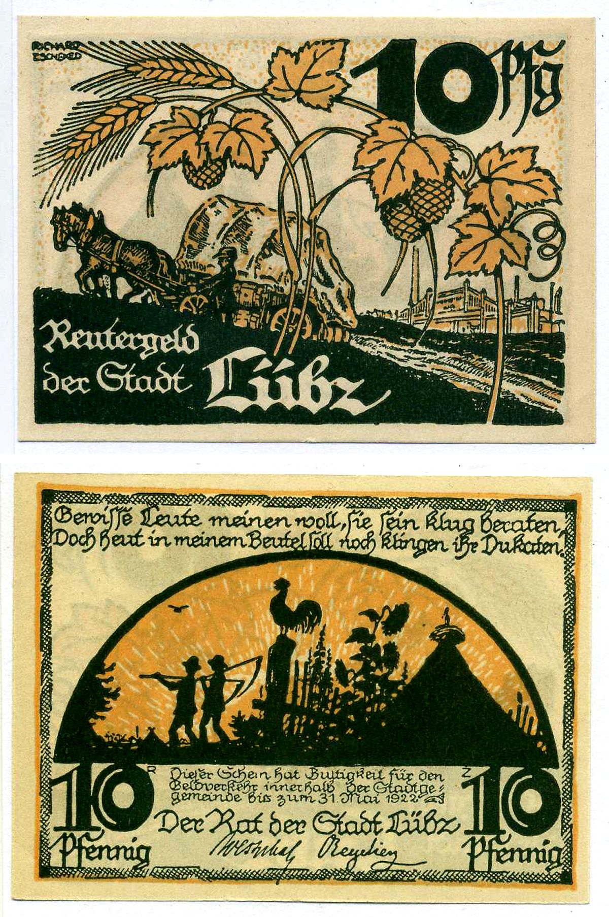 ЛЮБЦ 10 ПФЕННИГОВ 1922 НОТГЕЛЬД, ИЮНЬ 1922 - 31 МАЯ 1922, ЗЕМЛЯ МЕКЛЕНБУРГ-ПЕРЕДНЯЯ ПОМЕРАНИЯ Grabowski 835.1 бумага 2193-13-2-2