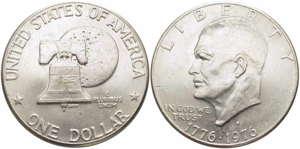США 1 доллар 1976 D, 200 лет независимости, Президент Эйзенхауэр, колокол, тип I KM 206 медь плакированная медно-никелем 79-1325