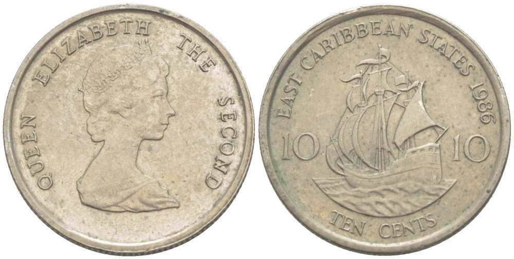 Восточно-Карибские штаты 10 центов 1986 Елизавета II (1952-2022), парусник KM 13 медно-никель 217-1017