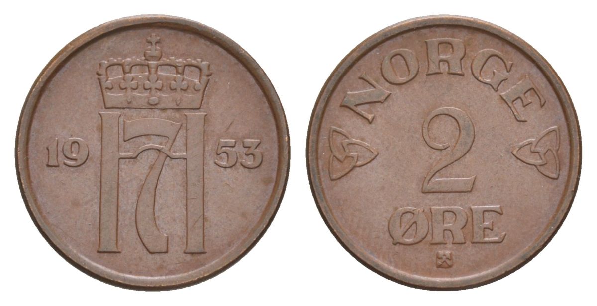Норвегия 2 эре 1953 Хокон VII (1905-1957) KM 399 бронза 4635-325