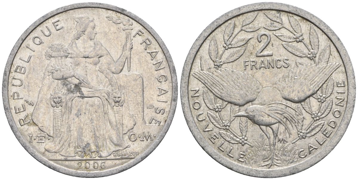 Французская Новая Каледония 2 франка 2006 птица кагу, (IEOM) KM 14, Schoen 11, Lec 68k алюминий    25-2316