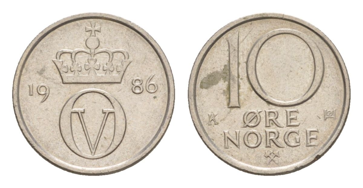 Норвегия 10 эре 1986 Улаф V (1957-1991) KM 416 медно-никель 4632-1212
