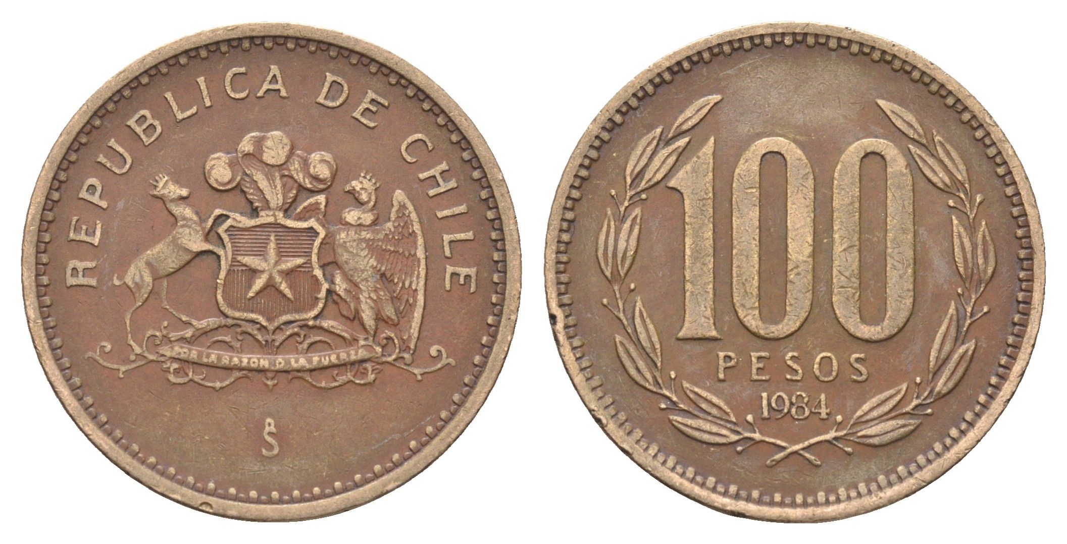 Чили 100 песо 1984 KM 226 алюминиевая бронза 4663-417