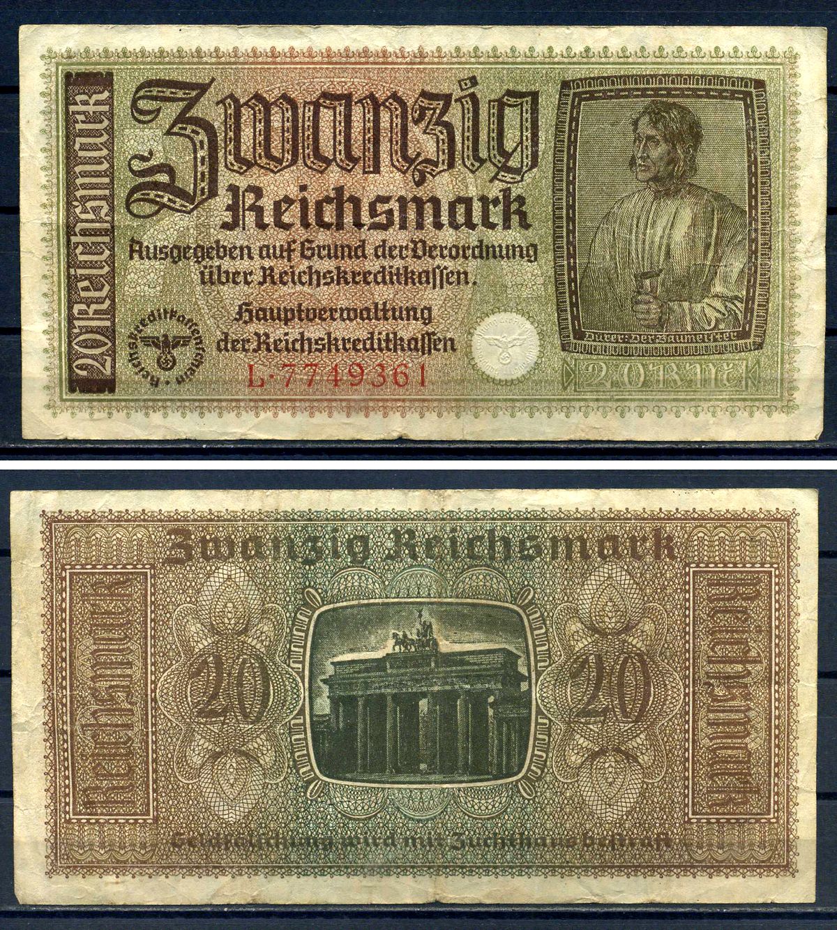 Германия 20 рейхсмарок ND (1940-1945) для оккупированных территорий Pick R139 бумага 7552-43-3-1