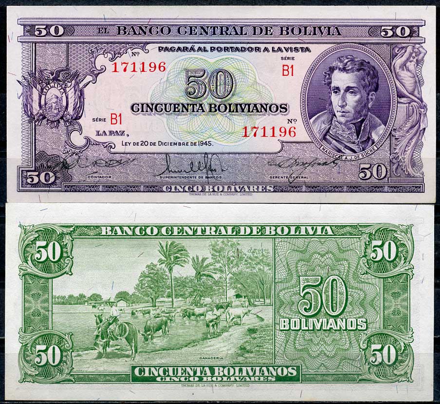 Боливия 50 боливиано 1945 серия B1, Антонио Хосе Сукре, ферма Pick 141 (4)  бумага  UNC (пресс) 451-146-1