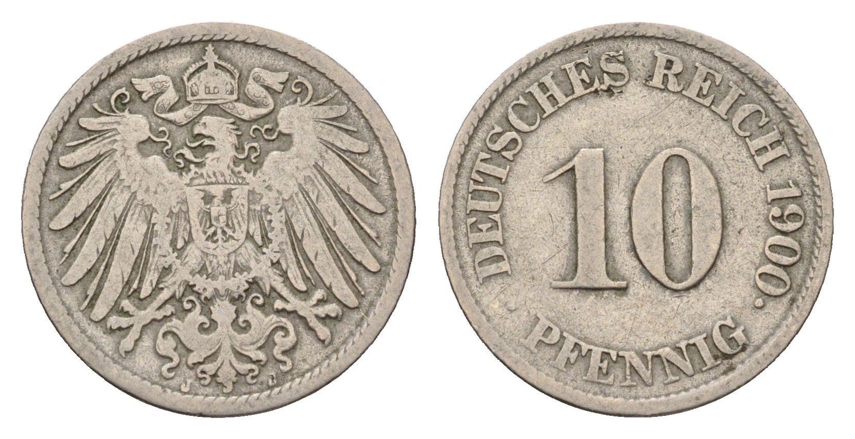 Германия 10 пфеннигов 1900 J, Вильгельм II (1888-1918) KM 12, J. 13 медно-никель 4636-827