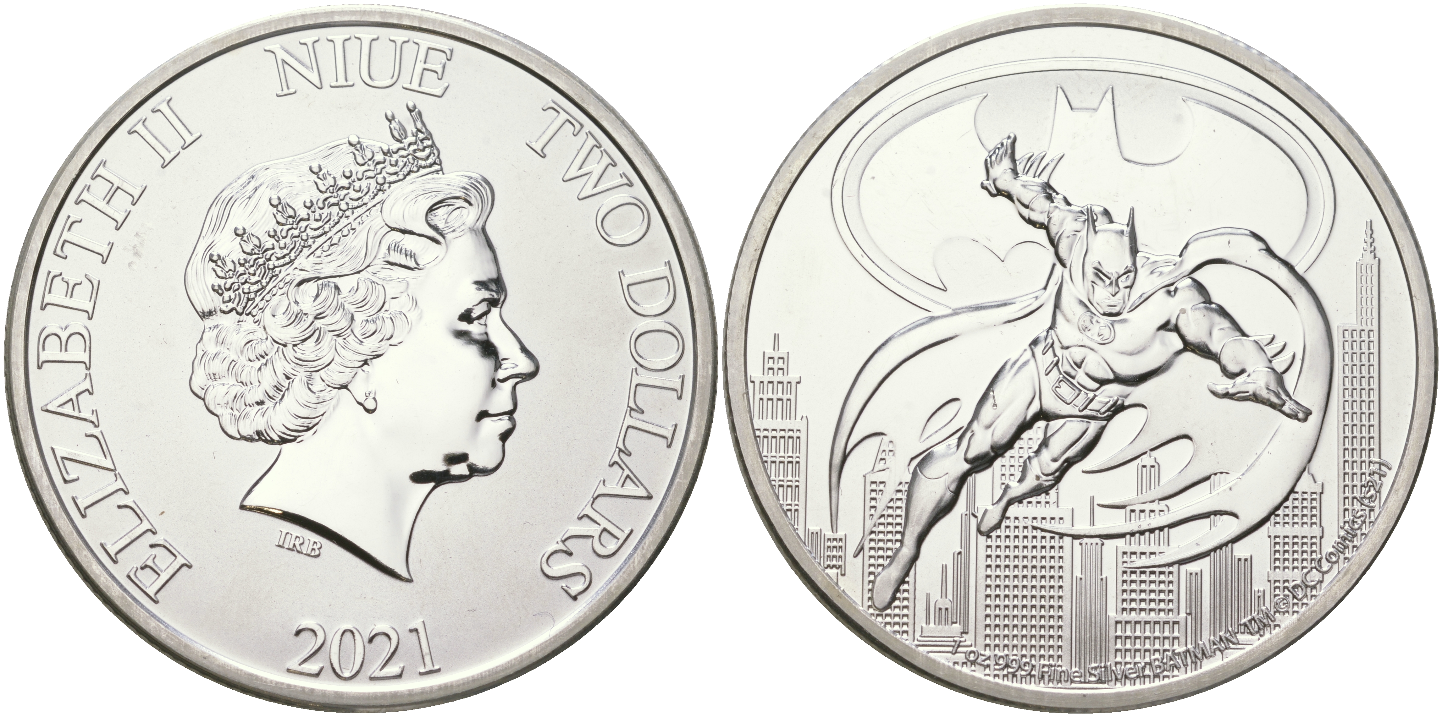 Ниуэ 2 доллара 2021 DC Comics - Бэтмен, диаметр 40,5 мм, вес 31,1 гр, в оригинальной капсуле UC 502 серебро BU 11-158-32