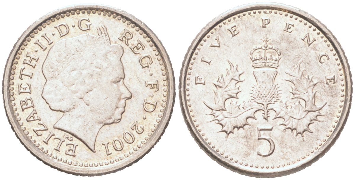 Великобритания 5 пенсов 2001 Елизавета II (1952-2022) KM 988, Spink D5 медно-никель 4614-822