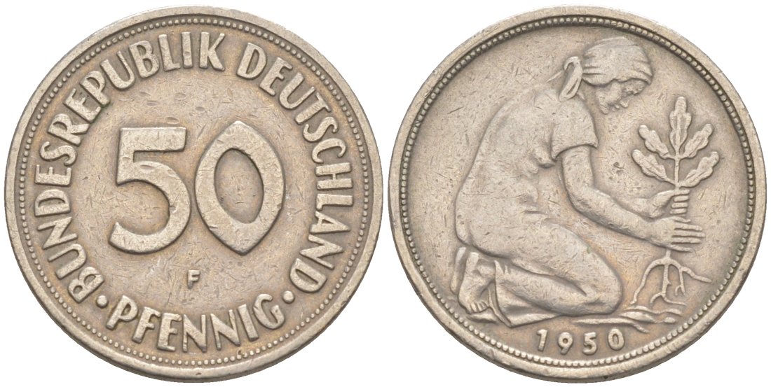 ФРГ 50 пфеннигов 1950 F J 384, KM 109.1 медно-никель 63-347