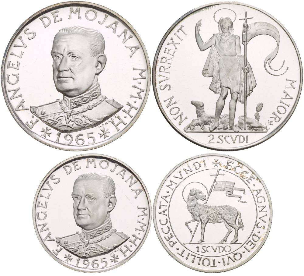 Орден Мальты набор из 2 монет (скуди и 2 скуди) 1965 магистр Моджана и жертвенный агнец, в оригинальном картонном буклете, проба 986, тираж 3000 экз., вес 12 гр. И 24 гр серебро PROOF 00-00