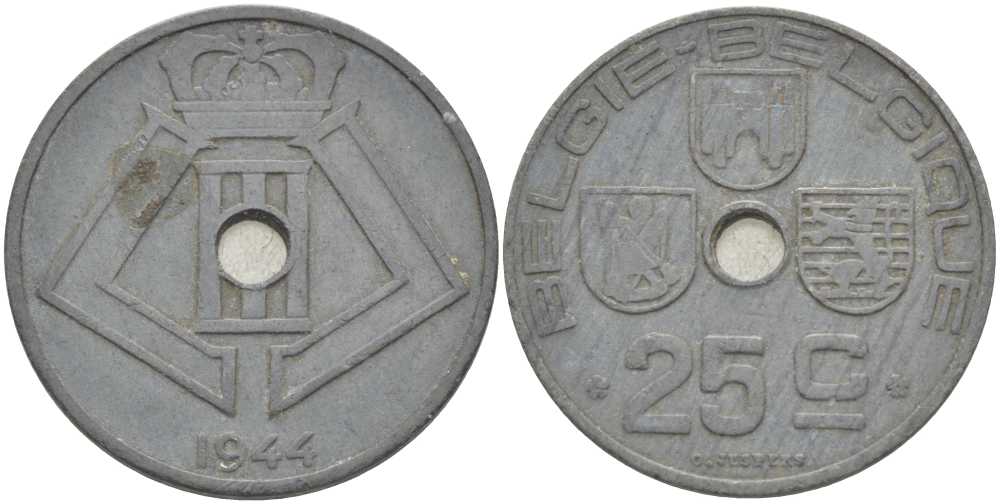 БЕЛЬГИЯ 25 САНТИМОВ 1944 BELGIE-BELGIQUE, ГЕРМАНСКАЯ ОККУПАЦИЯ, ВТОРАЯ МИРОВАЯ ВОЙНА KM 132 цинк 213-316
