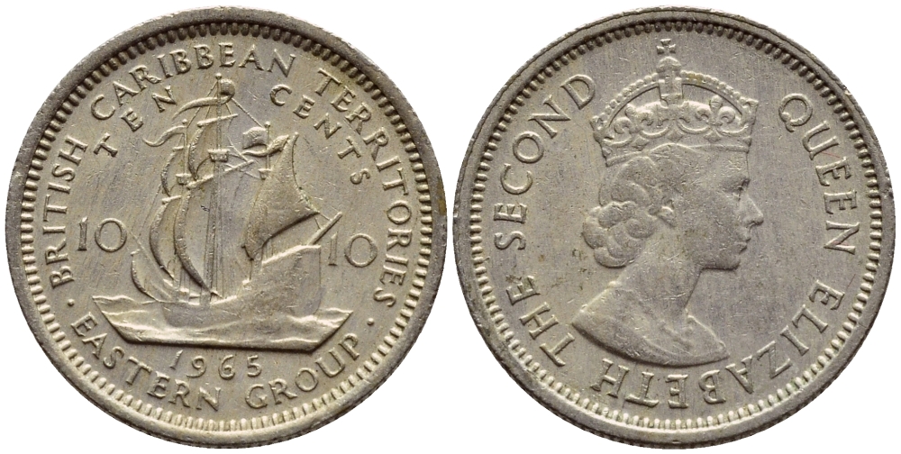 Британские Восточно-Карибские территории 10 центов 1965 Елизавета II (1952-2022), парусник KM 5 медно-никель 4392-966
