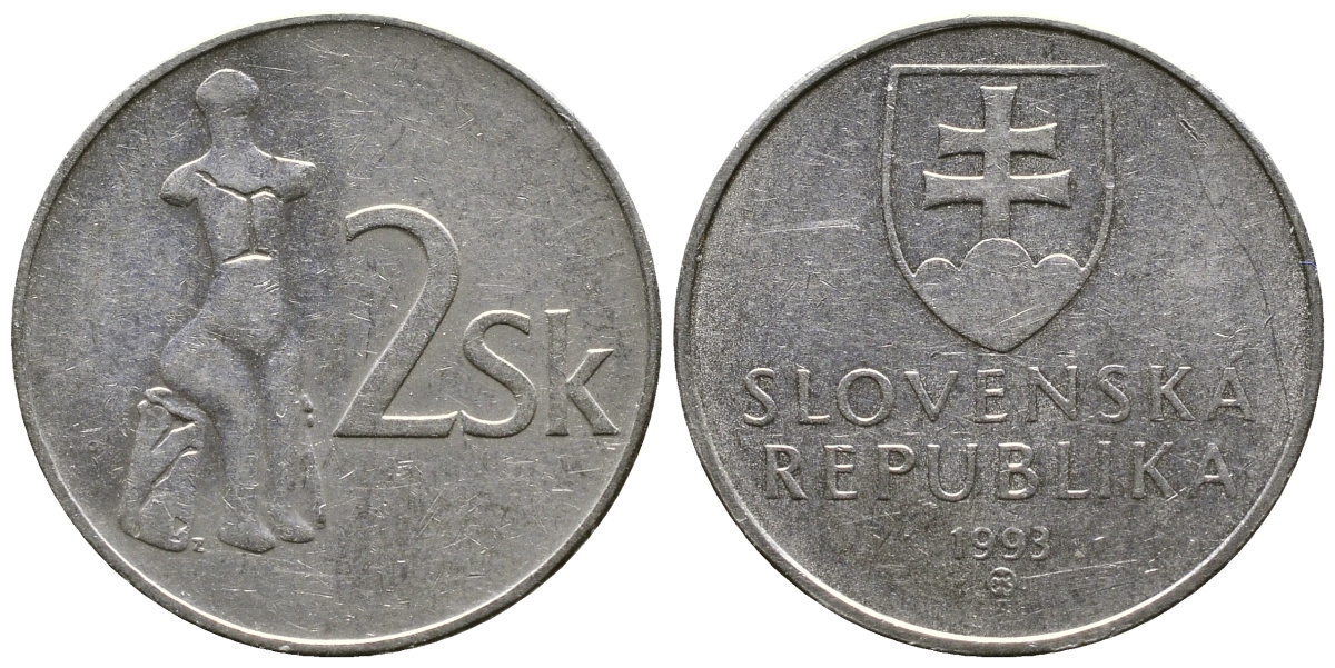 СЛОВАКИЯ 2 КРОНЫ 1993 KM 13 сталь плакированная никелем 4110-917