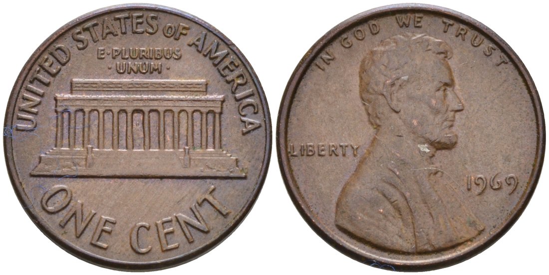 США 1 цент 1969 Линкольн KM 201 медь цинк 4564-451