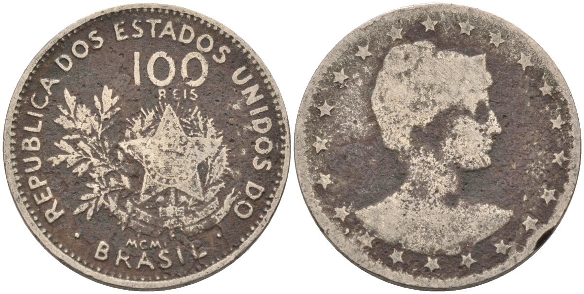 Бразилия 100 рейс 1901 голова свободы вправо KM 503 медно-никель 4589-1026