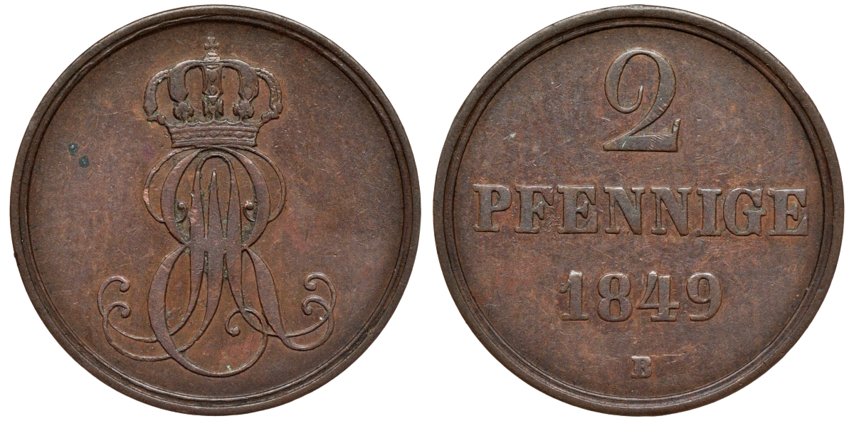 Ганновер 2 пфеннига 1849 B, Эрнст Август (1837-1851) KM 202.1, AKS 124, J. 75 медь 75-1932