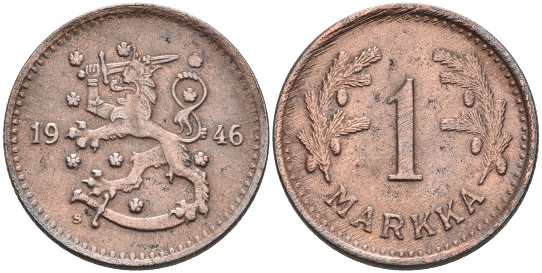 ФИНЛЯНДИЯ 1 МАРКА 1946 S KM 30b железо 4563-655