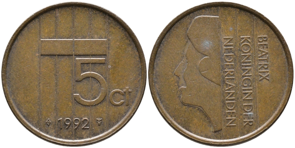 Нидерланды 5 центов 1992 Беатрикс (1980-2013) КМ 202 бронза 65-1256